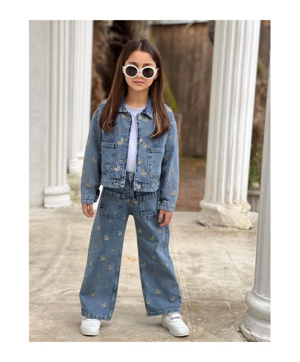 KIZ ÇOCUK NAKIŞLI MAVİ KOT PANTOLON VE KOT CEKET TAKIM-BAYRAMLIK