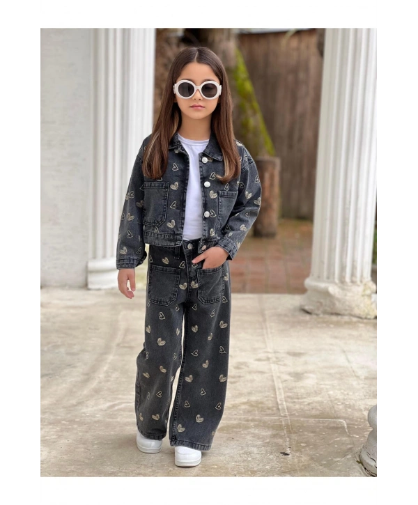 KIZ ÇOCUK NAKIŞLI SİYAH KOT PANTOLON VE KOT CEKET TAKIM-BAYRAMLIK