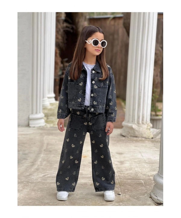 KIZ ÇOCUK NAKIŞLI SİYAH KOT PANTOLON VE KOT CEKET TAKIM-BAYRAMLIK