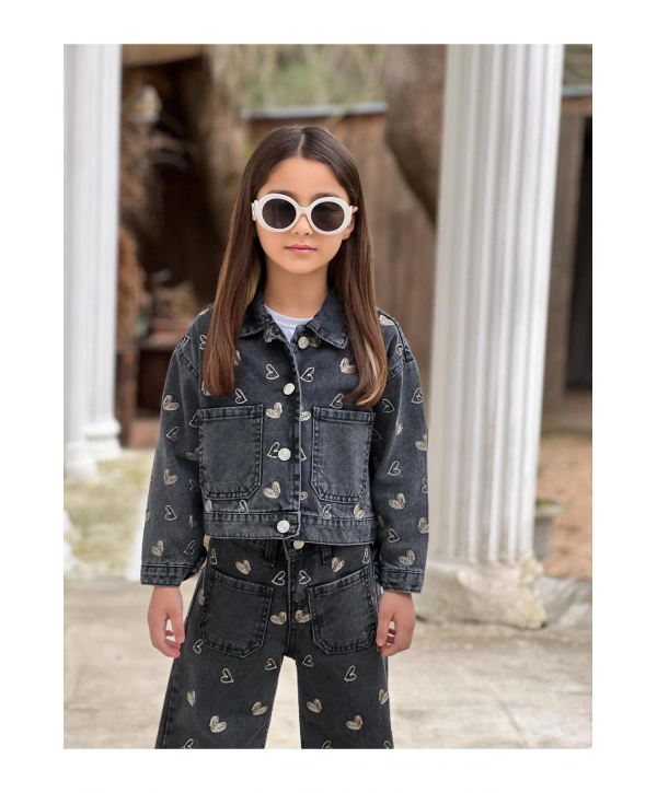 KIZ ÇOCUK NAKIŞLI SİYAH KOT PANTOLON VE KOT CEKET TAKIM-BAYRAMLIK