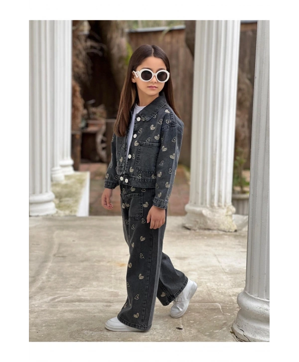 KIZ ÇOCUK NAKIŞLI SİYAH KOT PANTOLON VE KOT CEKET TAKIM-BAYRAMLIK