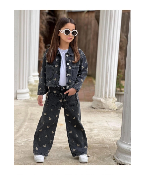 KIZ ÇOCUK NAKIŞLI SİYAH KOT PANTOLON VE KOT CEKET TAKIM-BAYRAMLIK