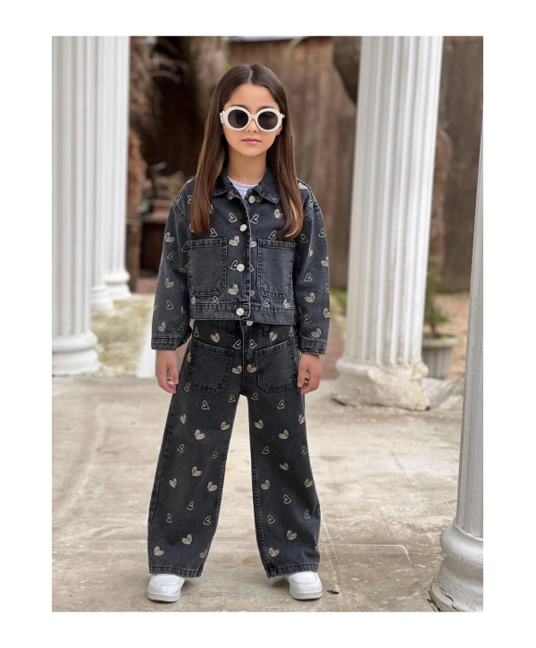 KIZ ÇOCUK NAKIŞLI SİYAH KOT PANTOLON VE KOT CEKET TAKIM-BAYRAMLIK