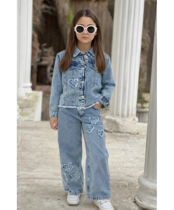 KIZ ÇOCUK KALPLİ MAVİ KOT PANTOLON VE KOT CEKET TAKIM-BAYRAMLIK