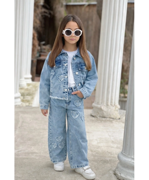 KIZ ÇOCUK KALPLİ MAVİ KOT PANTOLON VE KOT CEKET TAKIM-BAYRAMLIK