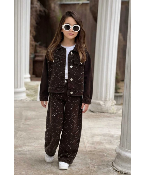 KIZ ÇOCUK TAŞLI KAHVERENGİ KOT PANTOLON VE KOT CEKET TAKIM-BAYRAMLIK