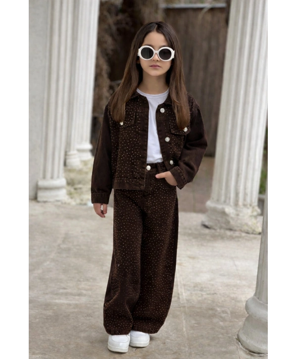 KIZ ÇOCUK TAŞLI KAHVERENGİ KOT PANTOLON VE KOT CEKET TAKIM-BAYRAMLIK