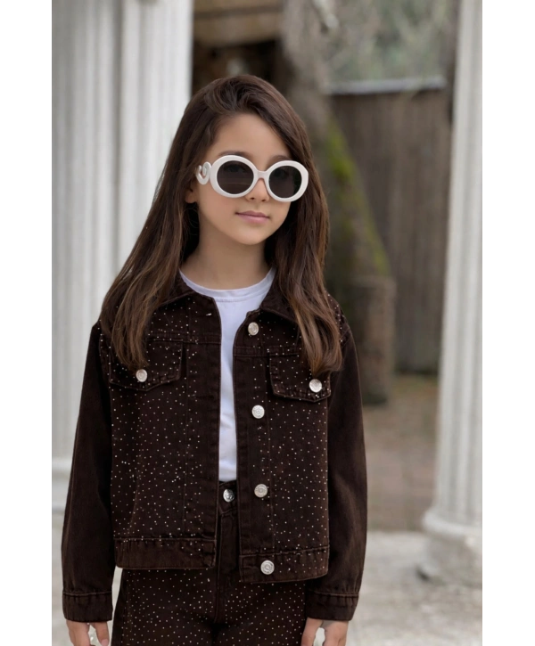 KIZ ÇOCUK TAŞLI KAHVERENGİ KOT PANTOLON VE KOT CEKET TAKIM-BAYRAMLIK