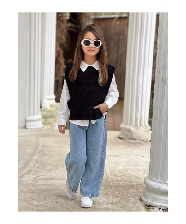 KIZ ÇOCUK KOT PANTOLON-GÖMLEK-SÜETER ÜÇLÜ TAKIM-BAYRAMLIK