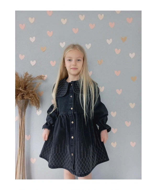 KIZ ÇOCUK TAŞ İŞLEMELİ KOT/JEANS ELBİSE-BAYRAMLIK