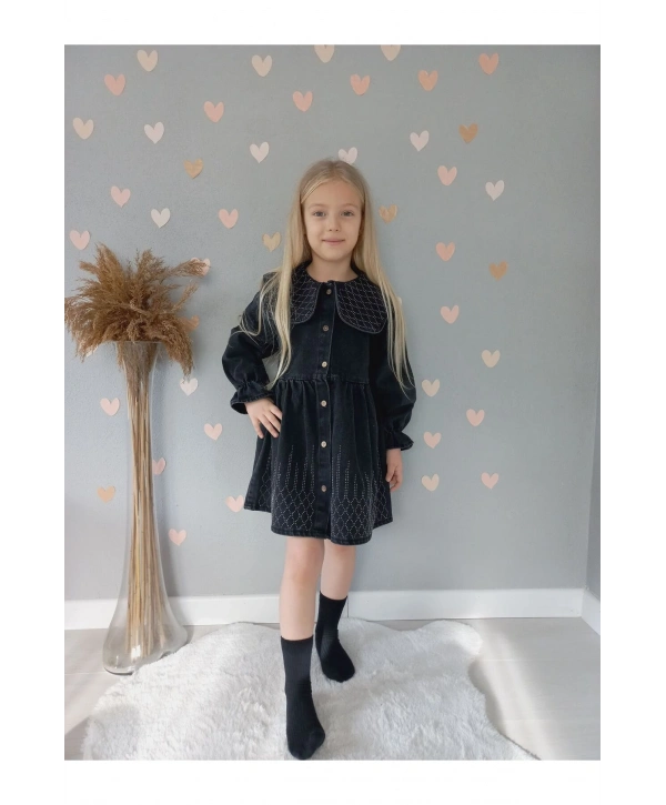 KIZ ÇOCUK TAŞ İŞLEMELİ KOT/JEANS ELBİSE-BAYRAMLIK