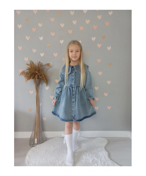 KIZ ÇOCUK TAŞ İŞLEMELİ KOT/JEANS ELBİSE-BAYRAMLIK