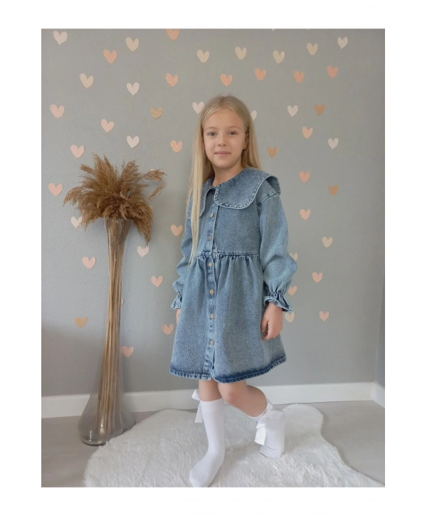 KIZ ÇOCUK TAŞ İŞLEMELİ KOT/JEANS ELBİSE-BAYRAMLIK