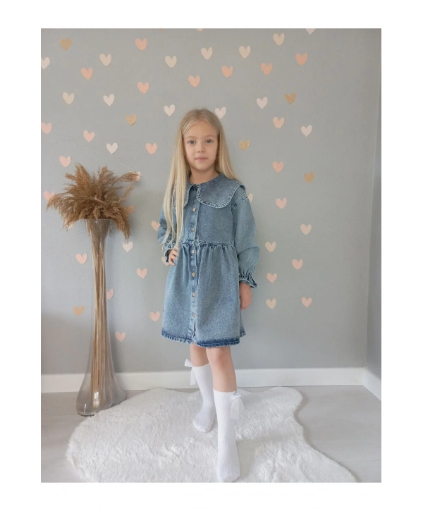 KIZ ÇOCUK TAŞ İŞLEMELİ KOT/JEANS ELBİSE-BAYRAMLIK