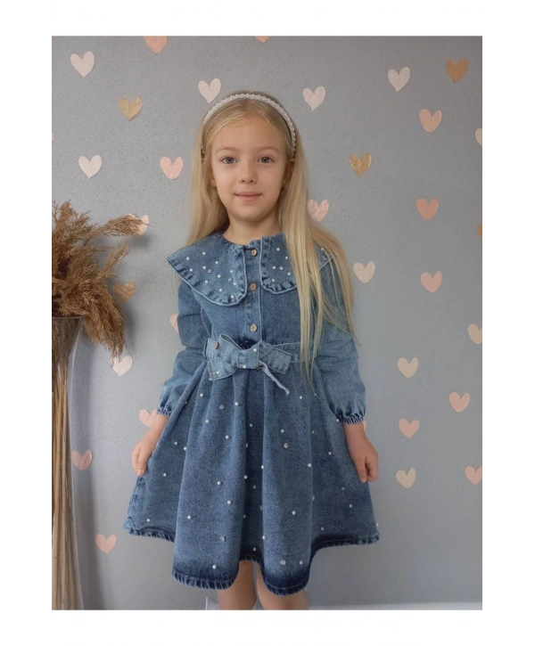 KIZ ÇOCUK İNCİLİ KOT ELBİSE/JEANS ELBİSE-BAYRAMLIK