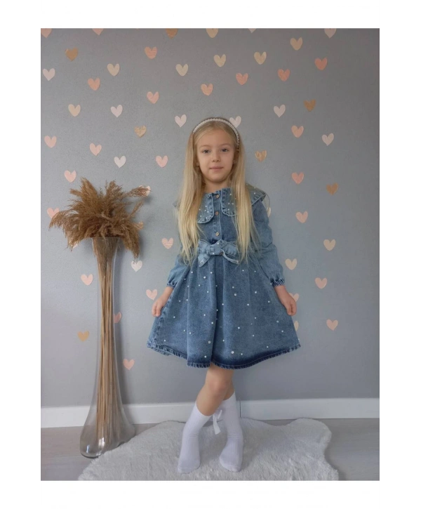 KIZ ÇOCUK İNCİLİ KOT ELBİSE/JEANS ELBİSE-BAYRAMLIK