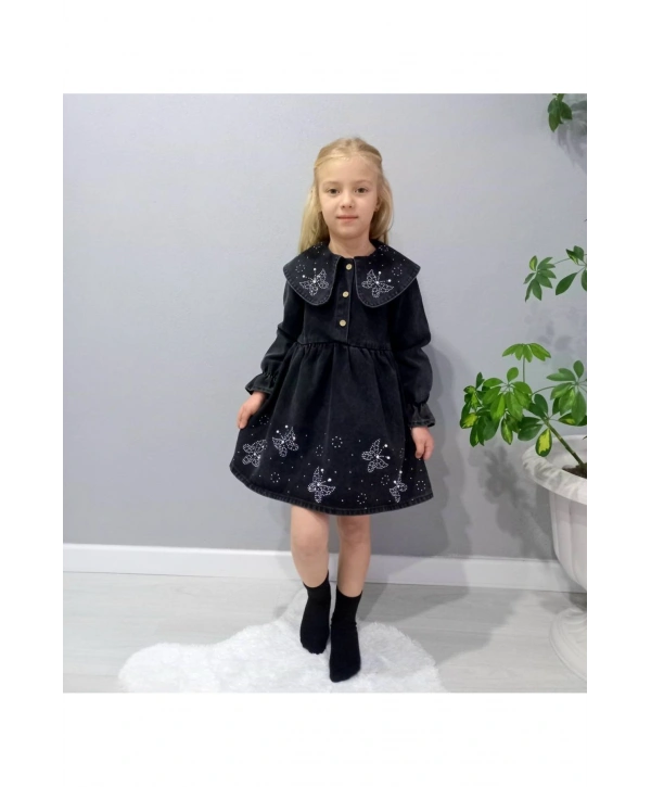 KIZ ÇOCUK KELEBEK TAŞ İŞLEMELİ KOT/JEANS ELBİSE-BAYRAMLIK