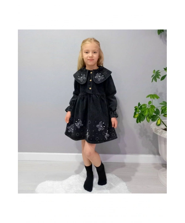 KIZ ÇOCUK KELEBEK TAŞ İŞLEMELİ KOT/JEANS ELBİSE-BAYRAMLIK