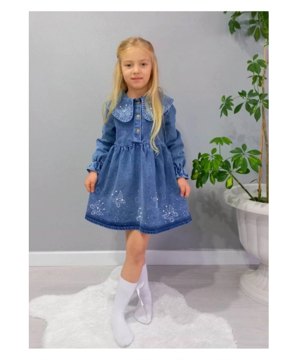 KIZ ÇOCUK KELEBEK TAŞ İŞLEMELİ KOT/JEANS ELBİSE-BAYRAMLIK