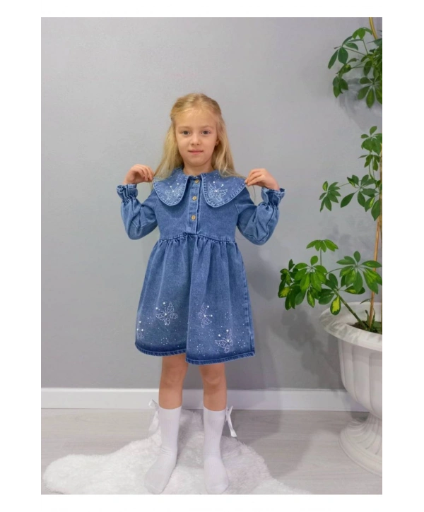 KIZ ÇOCUK KELEBEK TAŞ İŞLEMELİ KOT/JEANS ELBİSE-BAYRAMLIK