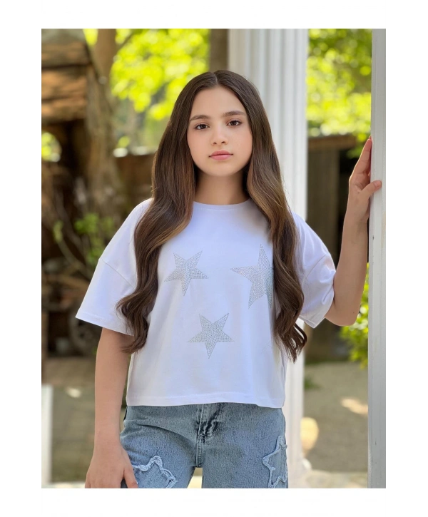KIZ ÇOCUK YILDIZ TEMALI BEYAZ CROP T-SHİRT
