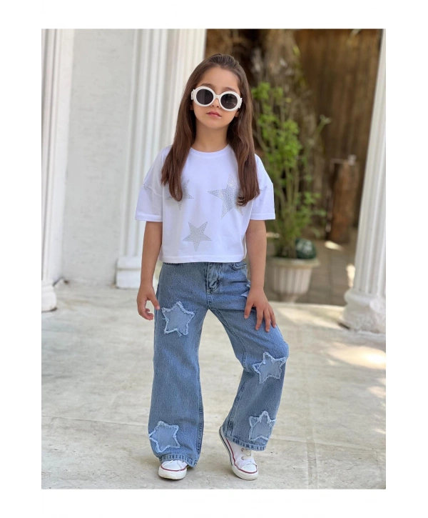 KIZ ÇOCUK YILDIZ TEMALI BEYAZ CROP T-SHİRT