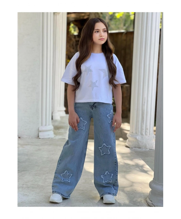 KIZ ÇOCUK YILDIZ TEMALI BEYAZ CROP T-SHİRT