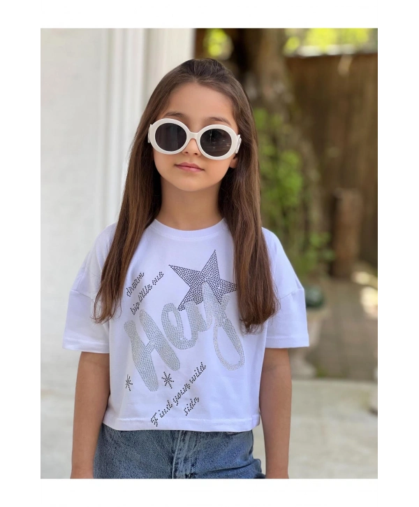 KIZ ÇOCUK YILDIZ TEMALI BEYAZ CROP T-SHİRT