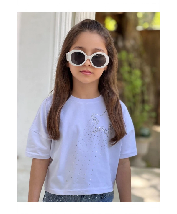 KIZ ÇOCUK YILDIZ TEMALI BEYAZ CROP T-SHİRT