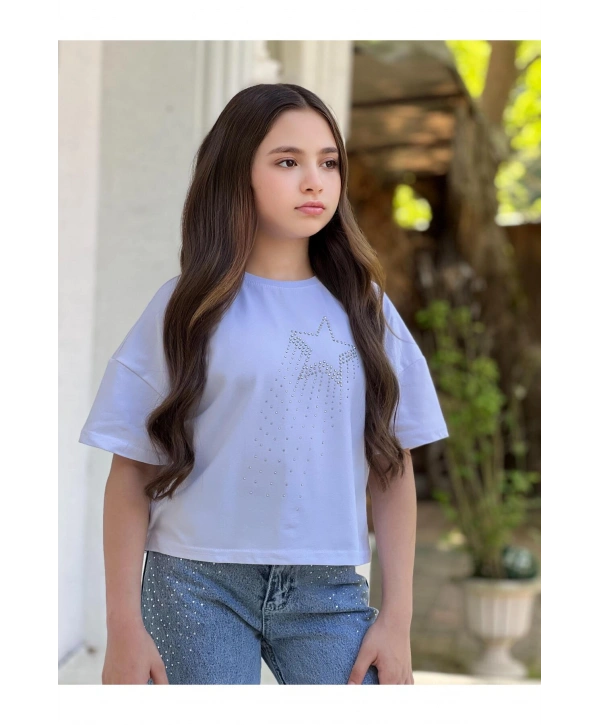 KIZ ÇOCUK YILDIZ TEMALI BEYAZ CROP T-SHİRT