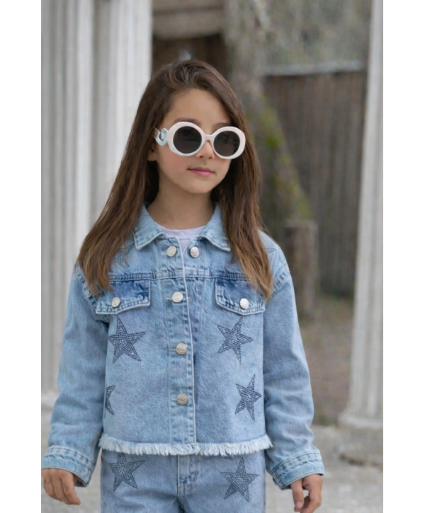 Kız Çocuk Taşlı Yıldızlı Kot Ceket-Jeans Ceket/Kot Mont-Jeans Mont-BAYRAMLIK