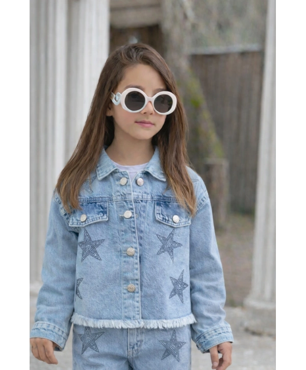 Kız Çocuk Taşlı Yıldızlı Kot Ceket-Jeans Ceket/Kot Mont-Jeans Mont-BAYRAMLIK