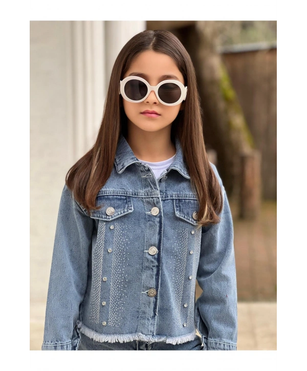 Kız Çocuk Büyük Taşlı Mavi Kot Ceket-Jeans Ceket/Kot Mont-Jeans Mont-BAYRAMLIK