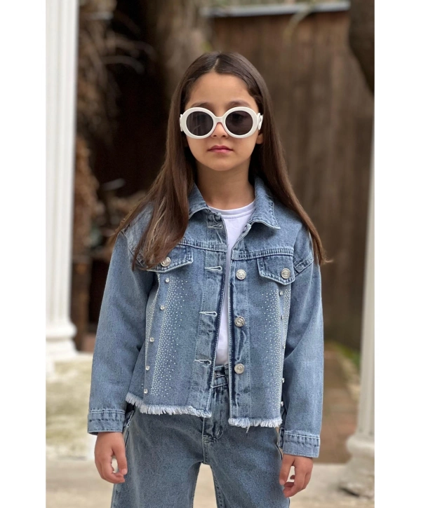 Kız Çocuk Büyük Taşlı Mavi Kot Ceket-Jeans Ceket/Kot Mont-Jeans Mont-BAYRAMLIK