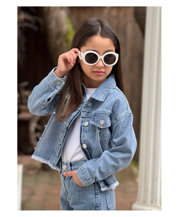 Kız Çocuk Büyük Taşlı Mavi Kot Ceket-Jeans Ceket/Kot Mont-Jeans Mont-BAYRAMLIK