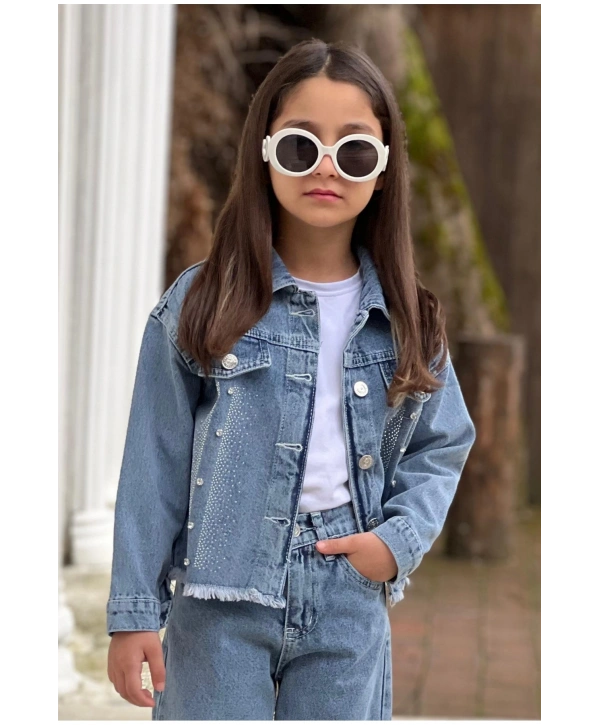 Kız Çocuk Büyük Taşlı Mavi Kot Ceket-Jeans Ceket/Kot Mont-Jeans Mont-BAYRAMLIK