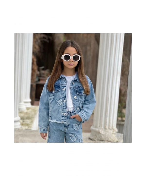 Kız Çocuk Kalpli Eskitmeli Mavi Kot Ceket-Jeans Ceket/Kot Mont-Jeans Mont-BAYRAMLIK