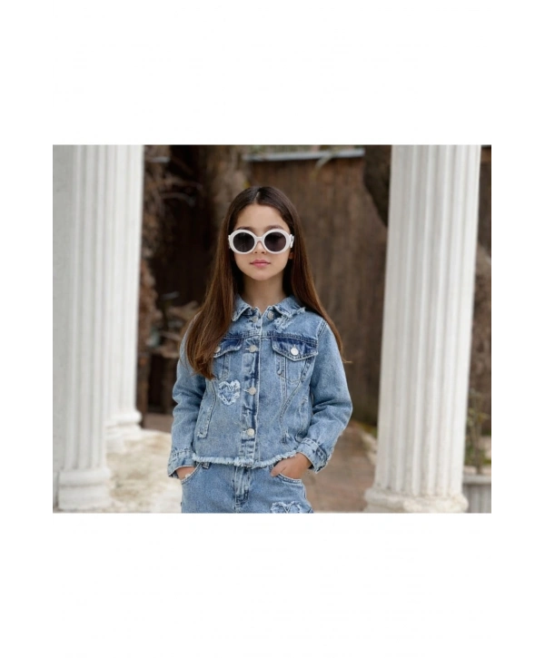 Kız Çocuk Kalpli Eskitmeli Mavi Kot Ceket-Jeans Ceket/Kot Mont-Jeans Mont-BAYRAMLIK