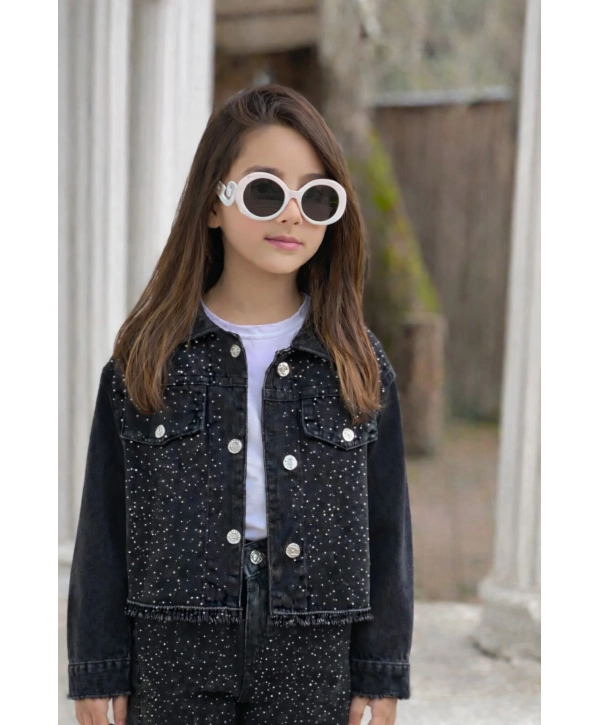 Kız Çocuk Siyah Taşlı Kot Ceket-Jeans Ceket/Kot Mont-Jeans Mont-BAYRAMLIK