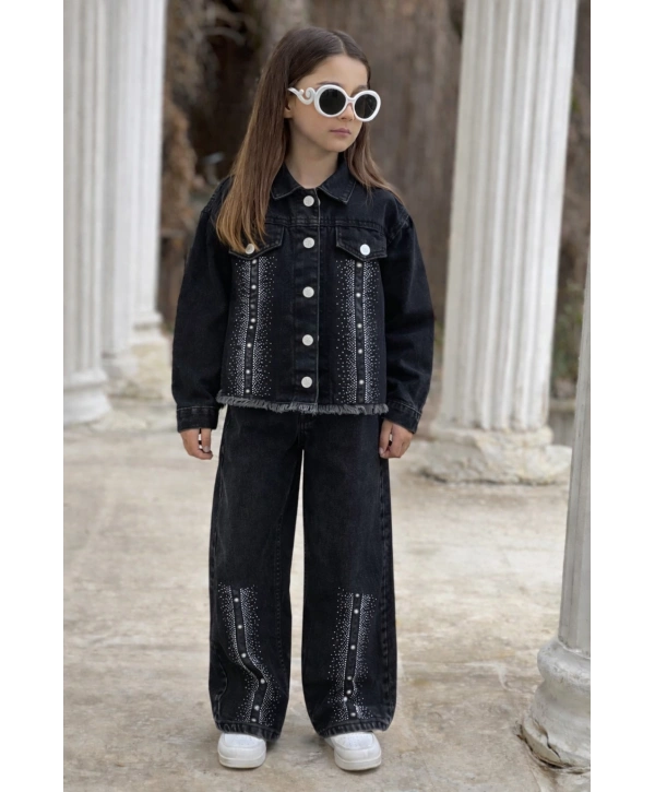 KIZ ÇOCUK BÜYÜK TAŞLI SİYAH KOT PANTOLON VE KOT CEKET TAKIM-BAYRAMLIK