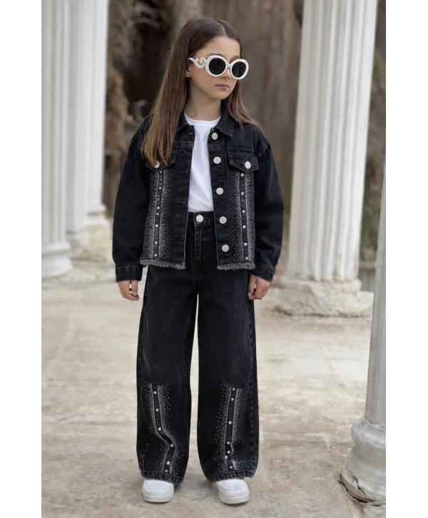 KIZ ÇOCUK BÜYÜK TAŞLI SİYAH KOT PANTOLON VE KOT CEKET TAKIM-BAYRAMLIK