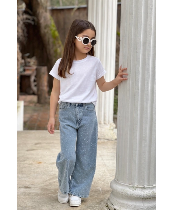 KIZ ÇOCUK BOL PAÇA TAŞLI MAVİ KOT PANTOLON (JEANS-DENİM)-BAYRAMLIK