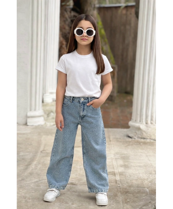 KIZ ÇOCUK BOL PAÇA TAŞLI MAVİ KOT PANTOLON (JEANS-DENİM)-BAYRAMLIK