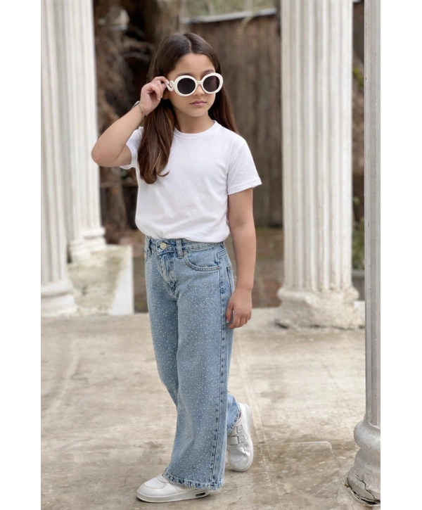 KIZ ÇOCUK BOL PAÇA TAŞLI MAVİ KOT PANTOLON (JEANS-DENİM)-BAYRAMLIK