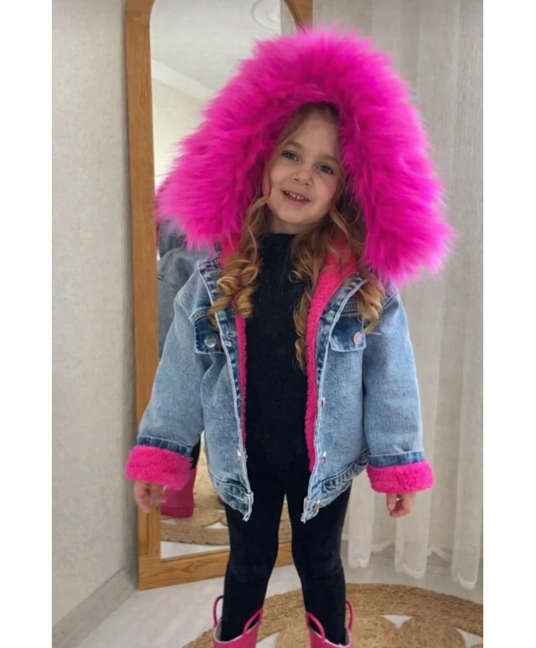 Kız Çocuk Kürklü Kapşonlu Kalın Kot Mont