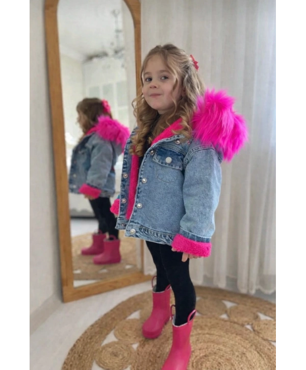 Kız Çocuk Kürklü Kapşonlu Kalın Kot Mont