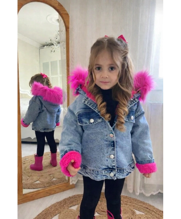 Kız Çocuk Kürklü Kapşonlu Kalın Kot Mont