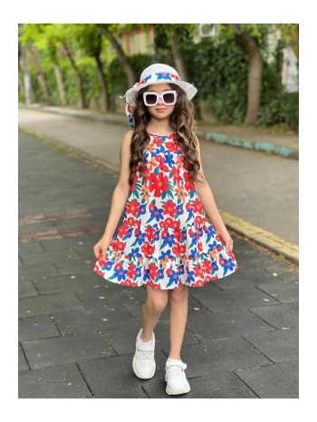 Kız Çocuk Çiçek Desenli Şapkalı Yazlık Elbise-bayramlık