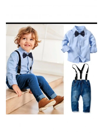 ERKEK ÇOCUK KOT PANTOLON-GÖMLEK-PAPYON-ASKI DÖRTLÜ TAKIM-23 NİSAN-BAYRAMLIK