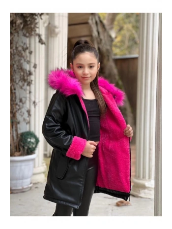 Kız Çocuk Fuşya Welsoftlu Kürk Kapüşonlu Siyah Deri Mont-kaban